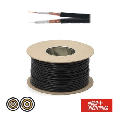 Bobina de cabo coaxial preto com cobre interior e logótipo alpha elettronica