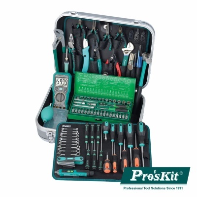 Estojo de ferramenta Pro'sKit com chaves, alicates, multímetro e soquetes organizados.