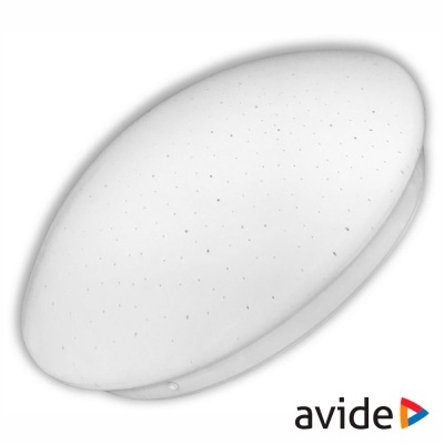 Luz de teto redonda branca com pequenos furos, fundo branco e texto 'avide'