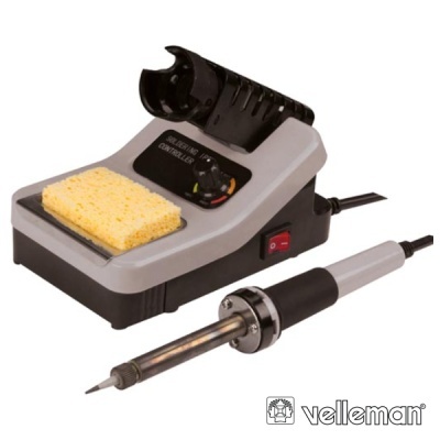 Estação de soldadura Velleman cinzenta e preta com ferro de soldar e esponja amarela