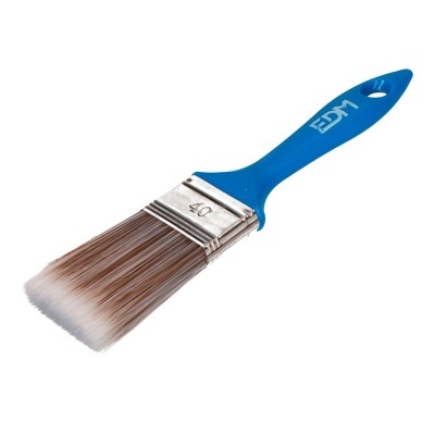 Pincel de pintura com cabo azul e cerdas castanhas e brancas