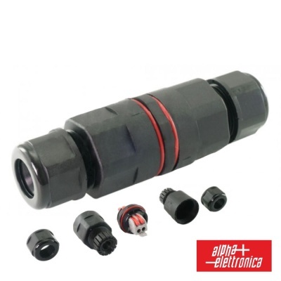 Conexão elétrica impermeável preta com detalhes vermelhos e peça desmontada