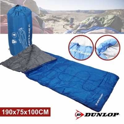 Saco de dormir azul Dunlop com interior cinzento e embalagem azul