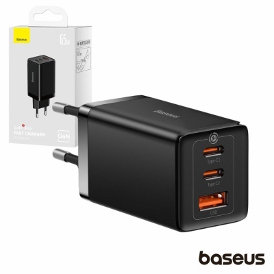 Alimentador Comutado 2 USB-C PD  1 USB-A 65W GaN BASEUS