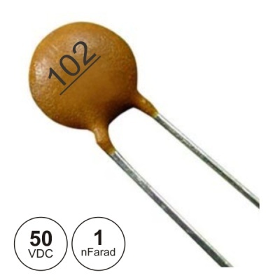 Condensador cerâmico laranja com texto 102 e pernas metálicas