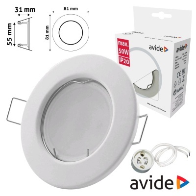 Luz de teto encastrável branca redonda com soquete e cabo ao lado da embalagem