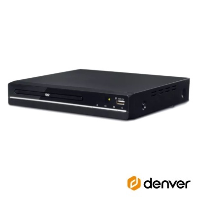 Leitor de DVD preto com botão e porta USB, fundo branco, logo denver