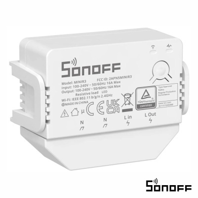 Módulo inteligente Sonoff MINI R3 branco com texto técnico e etiquetas