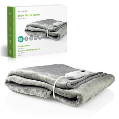 manta elétrica cinzenta macia com controlador branco ao lado da embalagem branca