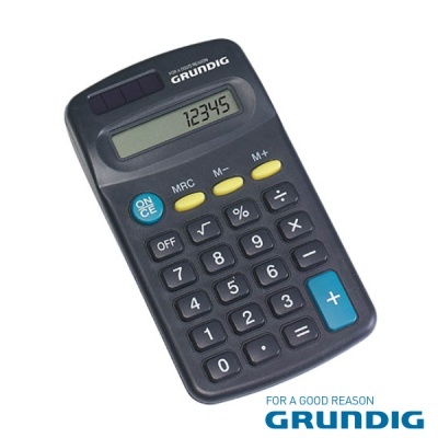 Calculadora portátil preta Grundig com visor e botões coloridos