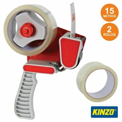 Dispenser de fita adesiva com dois rolos transparentes e etiquetas informativas