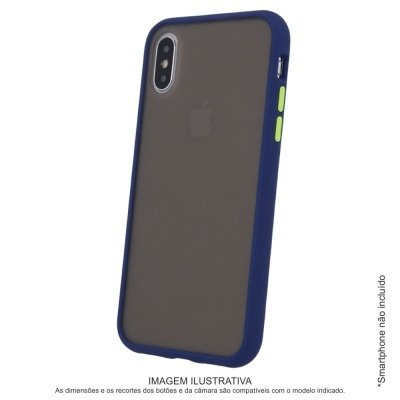 Capa para smartphone azul com traseira cinza fosca e botões verdes