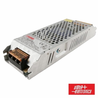 Fonte de alimentação eletrónica metálica cinzenta com conectores pretos e etiqueta de certificação