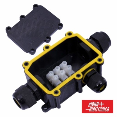 Caixa de junção elétrica preta com tampa e vedação amarela