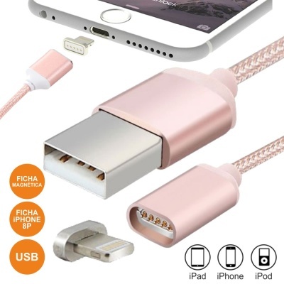Cabo USB rosa com ficha magnética para iPhone 8P ao lado de um smartphone