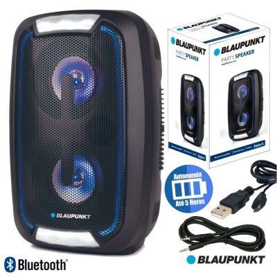 Coluna portátil preta BLAUPUNKT com LED azul, cabo USB e cabo áudio, caixa do produto