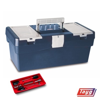 Caixa de ferramentas azul com tampas brancas e bandeja vermelha com ferramentas, logótipo Tayg