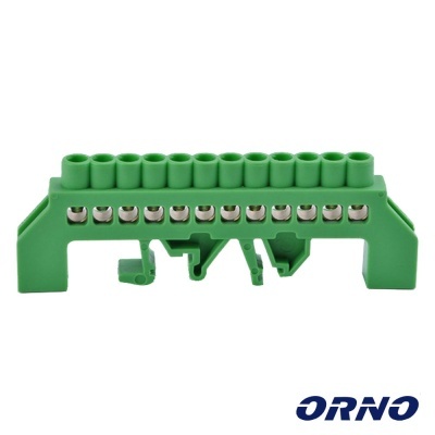 Borne elétrico verde com 12 entradas, logotipo ORNO azul