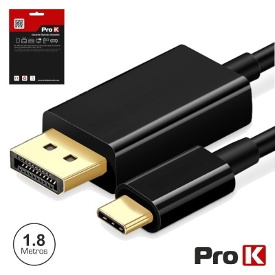 Cabo DisplayPort para USB-C preto com conectores dourados e marca Pro K