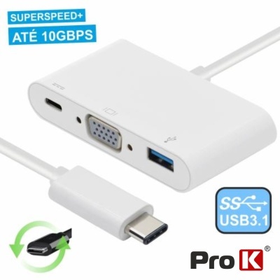 Adaptador USB-C branco com entradas VGA e USB e texto SUPERSPEED+ ATÉ 10GBPS.