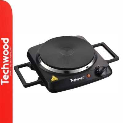Fogão elétrico portátil Techwood preto com placa circular e pegas laterais.