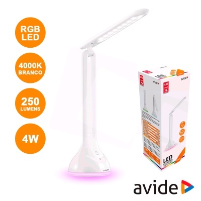 Lâmpada LED de secretária branca avide com iluminação RGB ao lado da sua embalagem