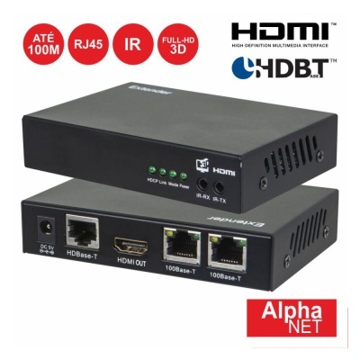 Adaptador HDMI preto com conexões RJ45, HDMI e etiquetas Alpha NET e HDBT