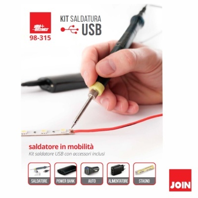 Kit soldadura USB portátil com soldador em uso numa placa LED e acessórios mostrados