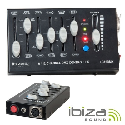 Controlador DMX Ibiza Sound LC12DMX preto com botões deslizantes brancos e LEDs coloridos