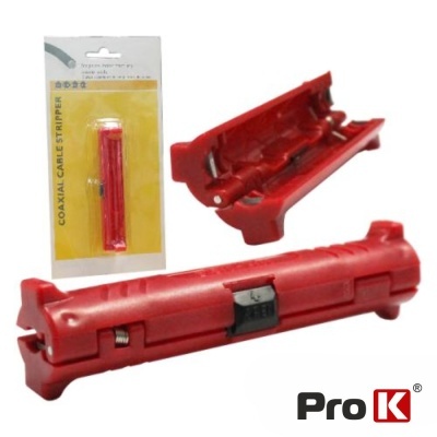 cortador vermelho de cabos coaxiais na embalagem com rótulo amarelo e texto COAXIAL CABLE STRIPPER