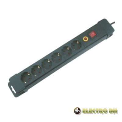 Tira de tomadas preta com sete tomadas e botões vermelho e amarelo