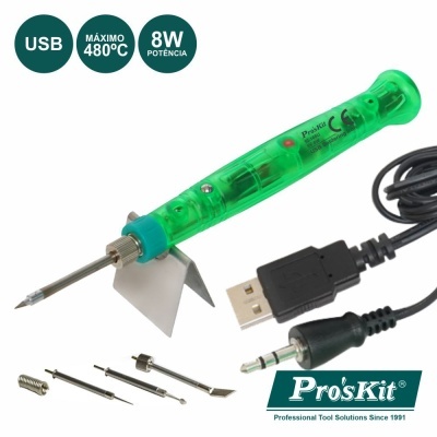 FERRO DE SOLDAR 8W C LIGAÇÃO USB 5V E ACESSÓRIOS PROSKIT