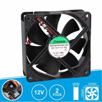 Ventoinha preta de computador SUNON 12V 120x120x38mm com fios vermelhos e pretos