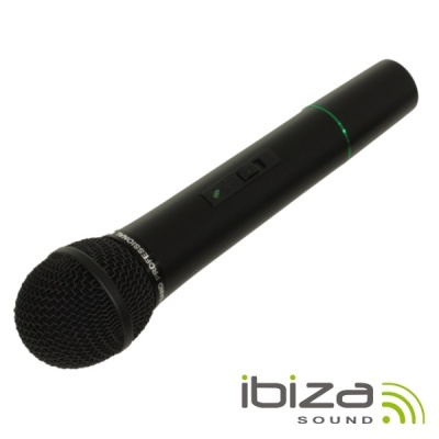 Microfone preto com botão e anel verde sobre fundo branco com logo 'ibiza SOUND'