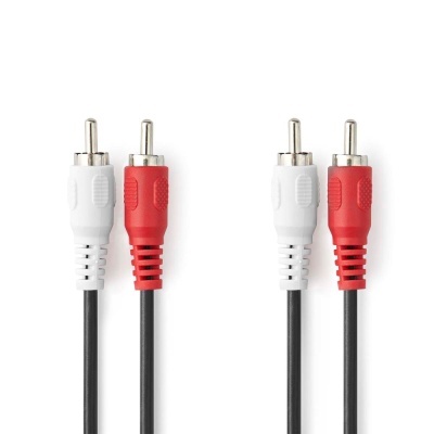 Dois cabos de áudio RCA com conectores branco e vermelho e fios pretos