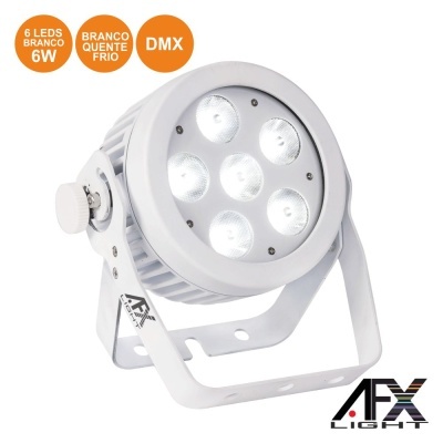 Projetor de luz LED branco AFX LIGHT com 6 LEDs e texto em círculos laranja