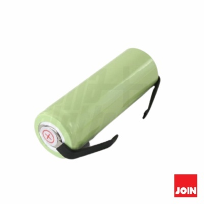 Bateria cilíndrica verde clara com conectores pretos e símbolo de mais