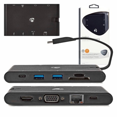 Adaptador USB Tipo C preto com múltiplas portas e cabo integrado
