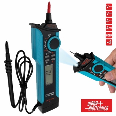 Multímetro digital portátil azul e preto com sonda vermelha e visor LCD
