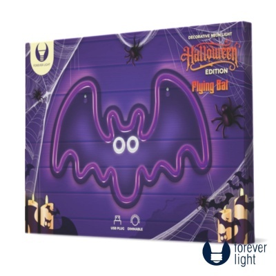 Caixa roxa com luz néon de morcego para Halloween