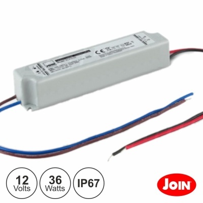 Transformador elétrico branco com fios, ícones 12V 36W IP67 e logo JOIN vermelho