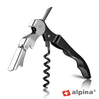 Saca-rolhas metálico e preto da marca alpina com lâmina serrilhada e espiral