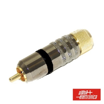 Conector RCA metálico prateado com detalhe dourado e anel preto em fundo branco