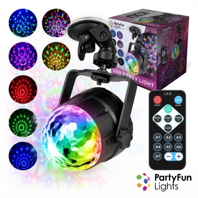 Luz de festa LED USB PartyFun Lights preta com bola colorida e comando remoto, ao lado da caixa do produto.
