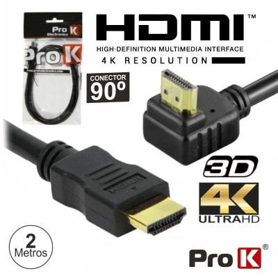 Cabo HDMI preto Pro K 2 metros conector 90 graus 4K Ultra HD 3D