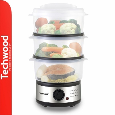 Esterilizador a vapor Techwood com três níveis e legumes frescos e salmão