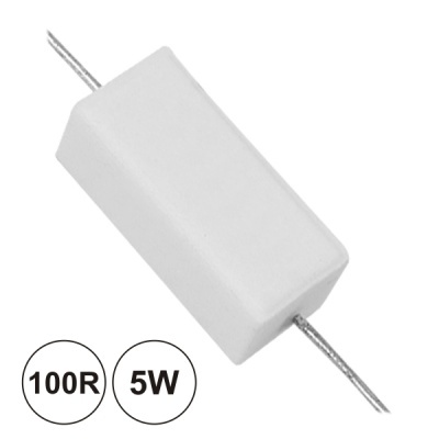 Resistor elétrico branco com terminais metálicos e texto 100R 5W