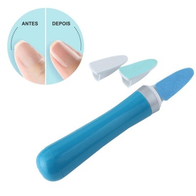Aparelho eléctrico azul para unhas com cabeças substituíveis e comparação antes e depois