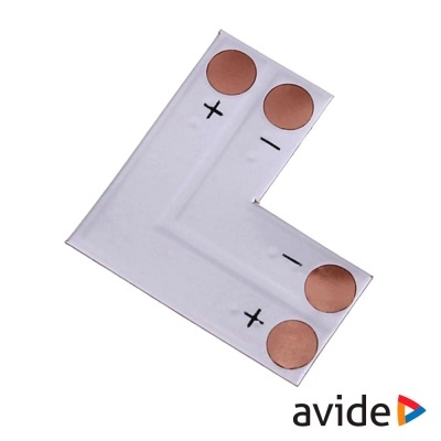 Conector em L para fita LED branco com contactos de cobre e símbolos + e -