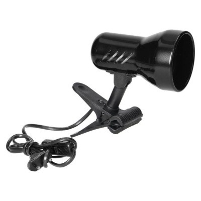 Candeeiro de secretária preto com mola e cabo elétrico em fundo branco